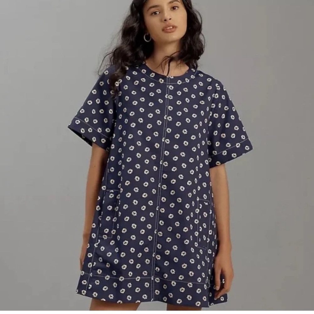 Anthropologie Midnight Blue and Ivory Patterned Mini Dress
